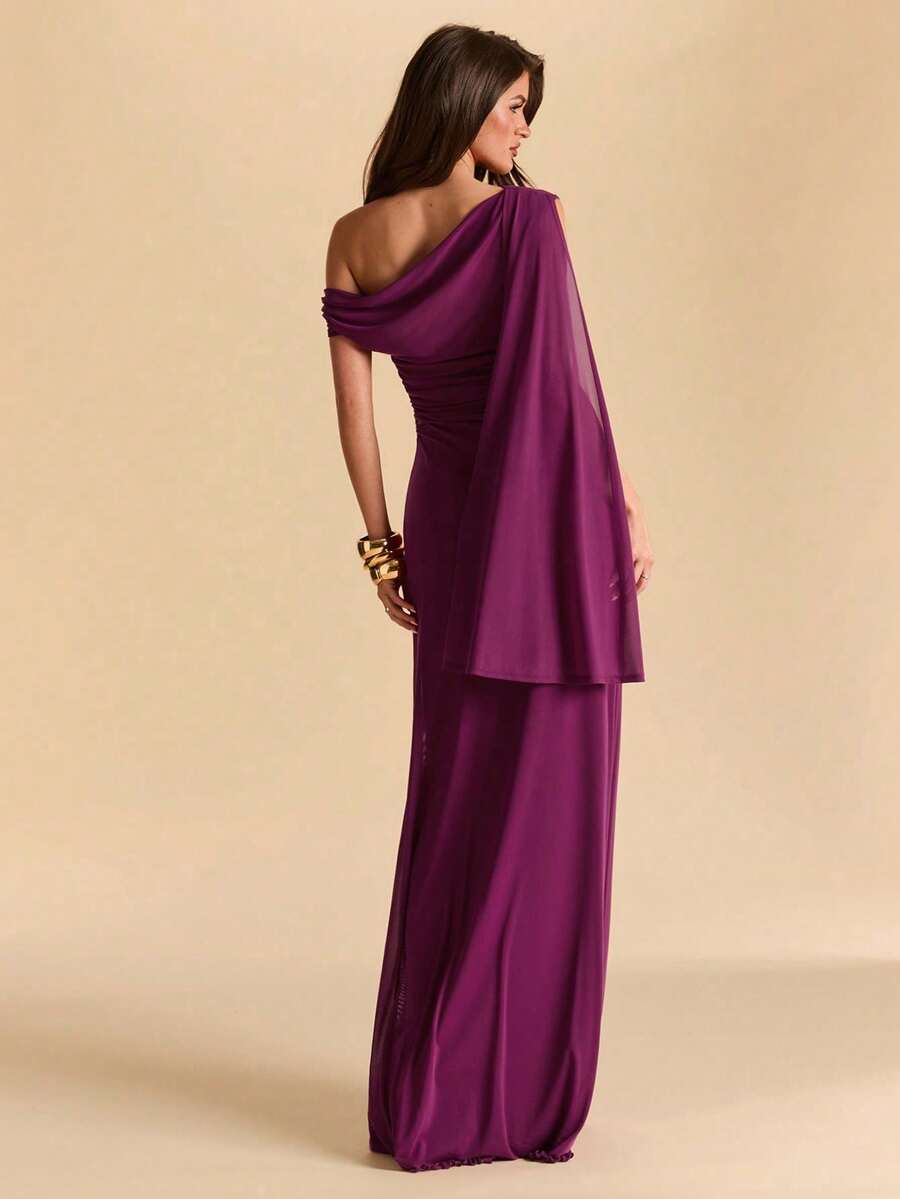 xheSHEIN Vestido de sirena ajustado con cuello asimétrico y drapeado asimétrico en color morado berenjena rosa, vestido de malla para vacaciones y playa, primavera/veranoxhe - Rosa Roja - Ver 1