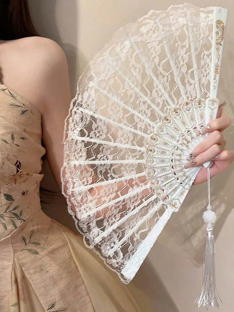 1pc French Fashion Vintage Lace Tassel Folding Small Fan, Portable Dance Folding Fan For Summer - White - View 1