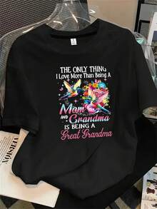 Top de mujer de manga corta y cuello redondo con estampado de pájaros en las alas, apto para todas las estaciones. - Negro - Ver 1