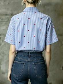 Spring/Summer French Vintage Blue & White Striped Red Heart Print Women's Shirt, Loose Casual Commute Vacation - Blue - View 2