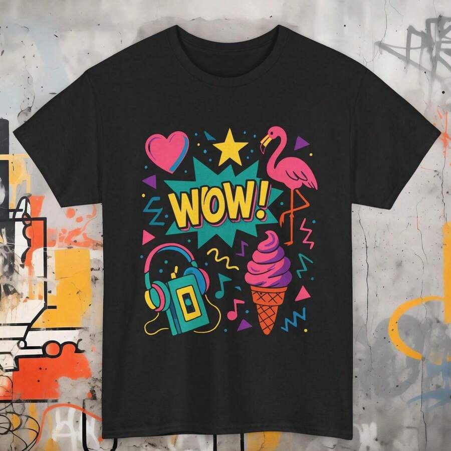 2026 WOW T-Shirt Grafica Retrò Anni '80-'90 - T-Shirt Colorata Neon Stile Retrò Con Fenicottero, Gelato, Lettore Di Cassette, Divertente Pop Vintage C - 後九洞 - 查看 1