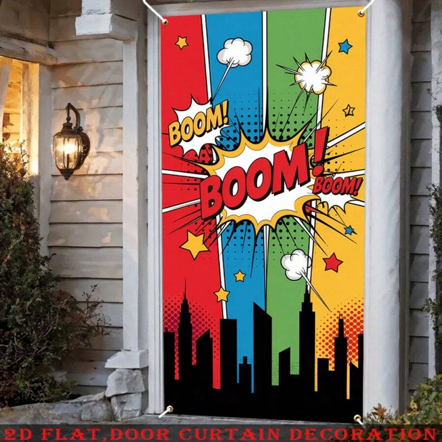1pc Pop Art Superhero Theme Door Banner, Comic Style BOOM Explosion Effect, City Silhouette Design, Suitable For Superhero Theme Parties, Comic Theme Events, Birthday Parties, Room Decorations, Door Decorations And Backgrounds.
