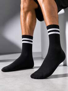 1/3/6 Pairs Black And White Striped Sports Socks, Soccer Socks, Basketball Socks, Running Socks, Unisex - Multicolor - View 2