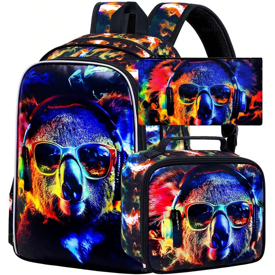 3pcs Boys Cool Koala Print Backpack Set, Zipper Closure, Colorful Flame Style, Includes Lunch Bag And Pencil Case, Suitable For Children - Blue - View 1