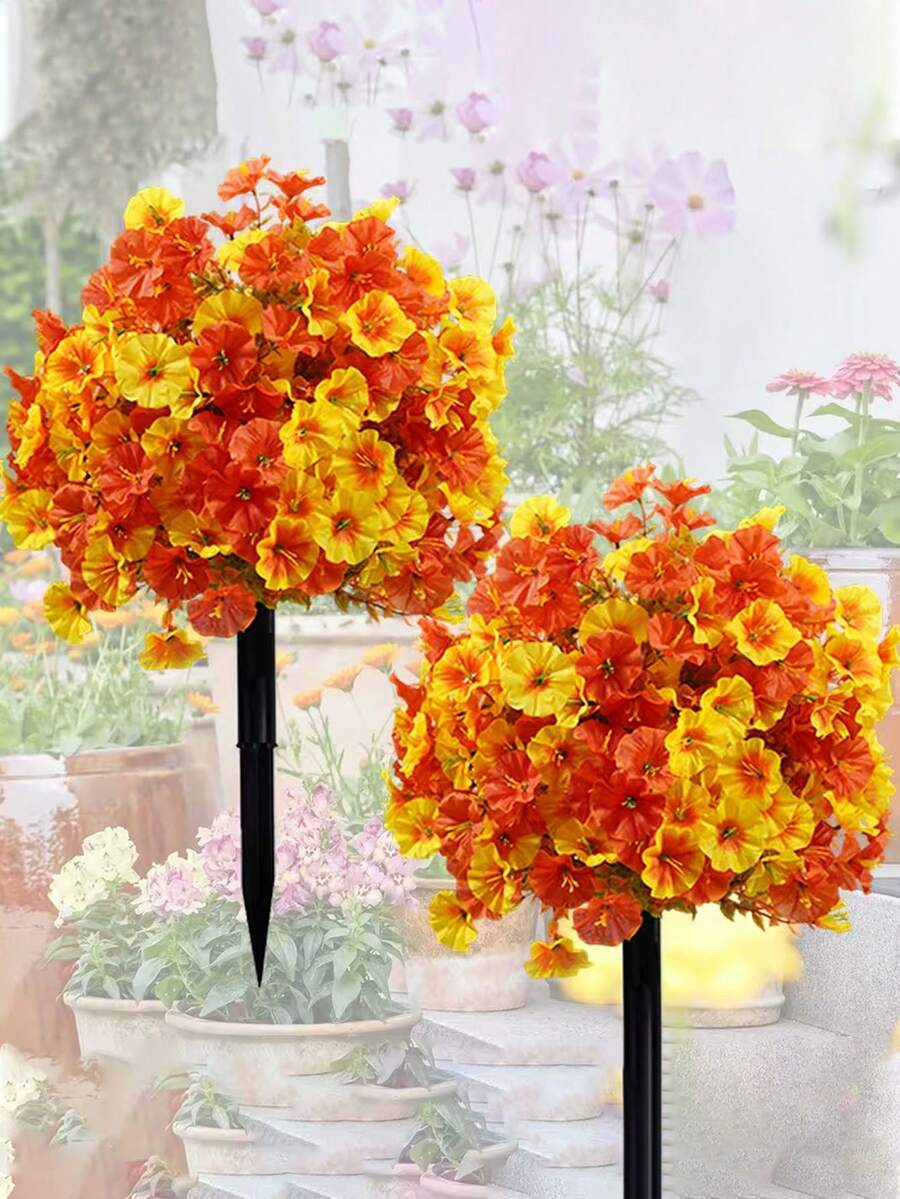 1件式人造直立花卉植物附莖，逼真絲綢雛菊與尤加利葉，抗紫外線，適合春夏戶外裝飾、門廊、室內庭院、陽台、庭院裝飾，人造植物，秋季裝飾仿真植物