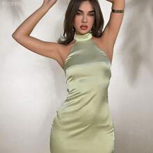 Fengyu Women's Clothing Store Vestido sin mangas de corte en A, cuello en V y espalda descubierta, de unicolor - Azul - Ver 3