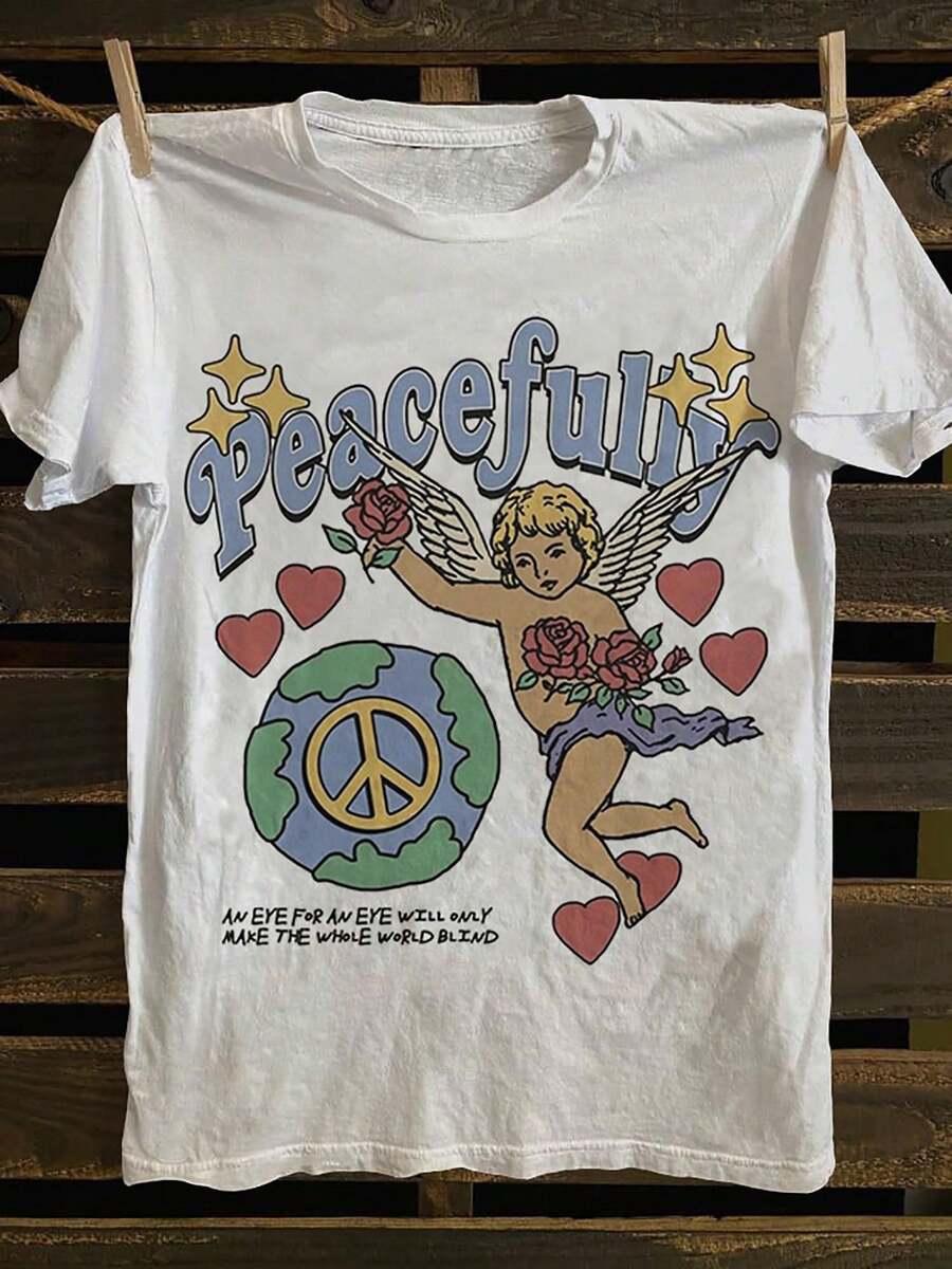 T-Shirts Women 100% Cotton 2026 Vintage Punk Rock Angel Graphic T-Shirt, 100% Cotton Crew Neck Tee, Short Sleeve Casual All-Season Top With Peace Sign & Skull Print For Men, Rock And Roll T ShirtsLoose Fit Stylish Y2K - White - View 1