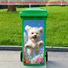 1pc Trash Can Sticker, 14.57*32.28 Inches, White Dog Running Through Flowers Pattern. Self-Adhesive Wallpaper For Decorating Kitchen Trash Cans (Suitable For Trash Cans, Walls And Home Decor) - A - View 4