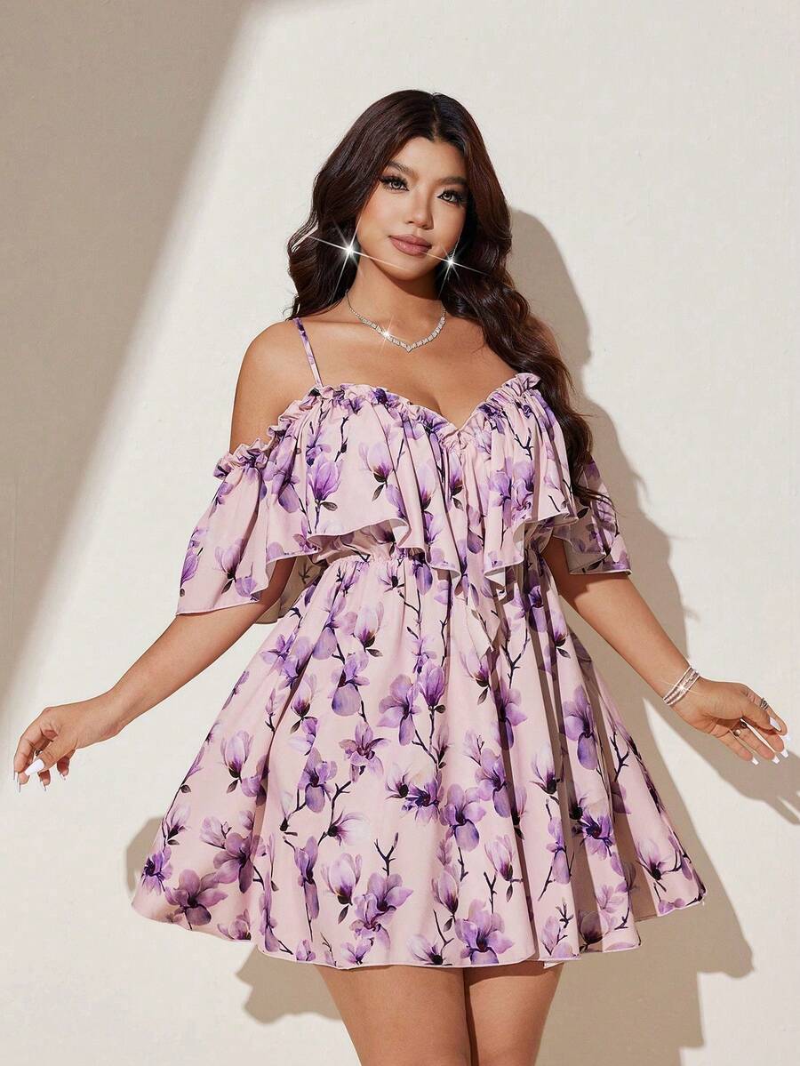 Viva Relle Vestido de vacaciones sexy con hombros descubiertos para tallas grandes - Rosa - Ver 1