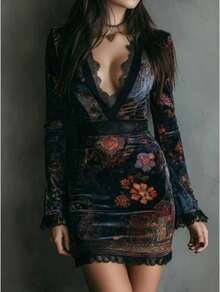 Gothic Boho Velvet Floral Deep V Lace Trim Long Sleeve Bodycon Mini Dress, Vintage Aesthetic Party Cocktail Evening Dress - Azul oscuro - Ver 1