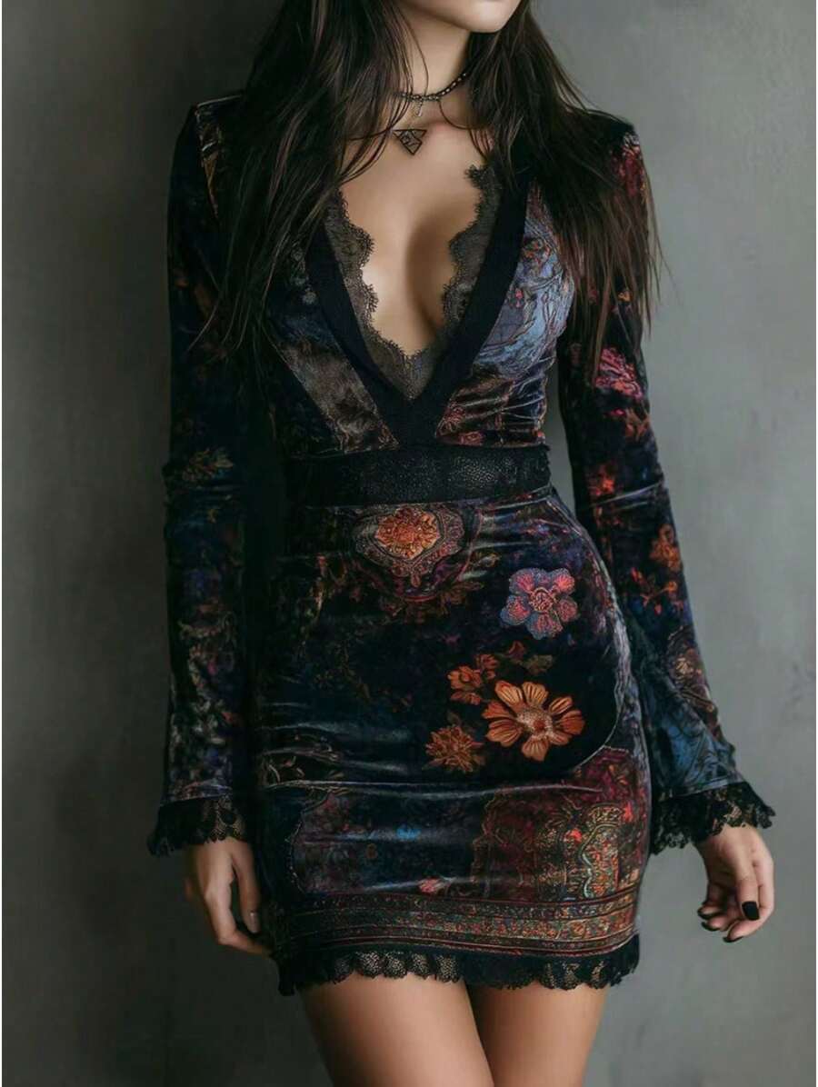 Gothic Boho Velvet Floral Deep V Lace Trim Long Sleeve Bodycon Mini Dress, Vintage Aesthetic Party Cocktail Evening Dress - Azul oscuro - Ver 1