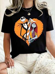 Disney Women Round Neck T Shirt Jack Skellington And Sally Heart Print Halloween Costume Party 220g - 黑色 - 查看 1