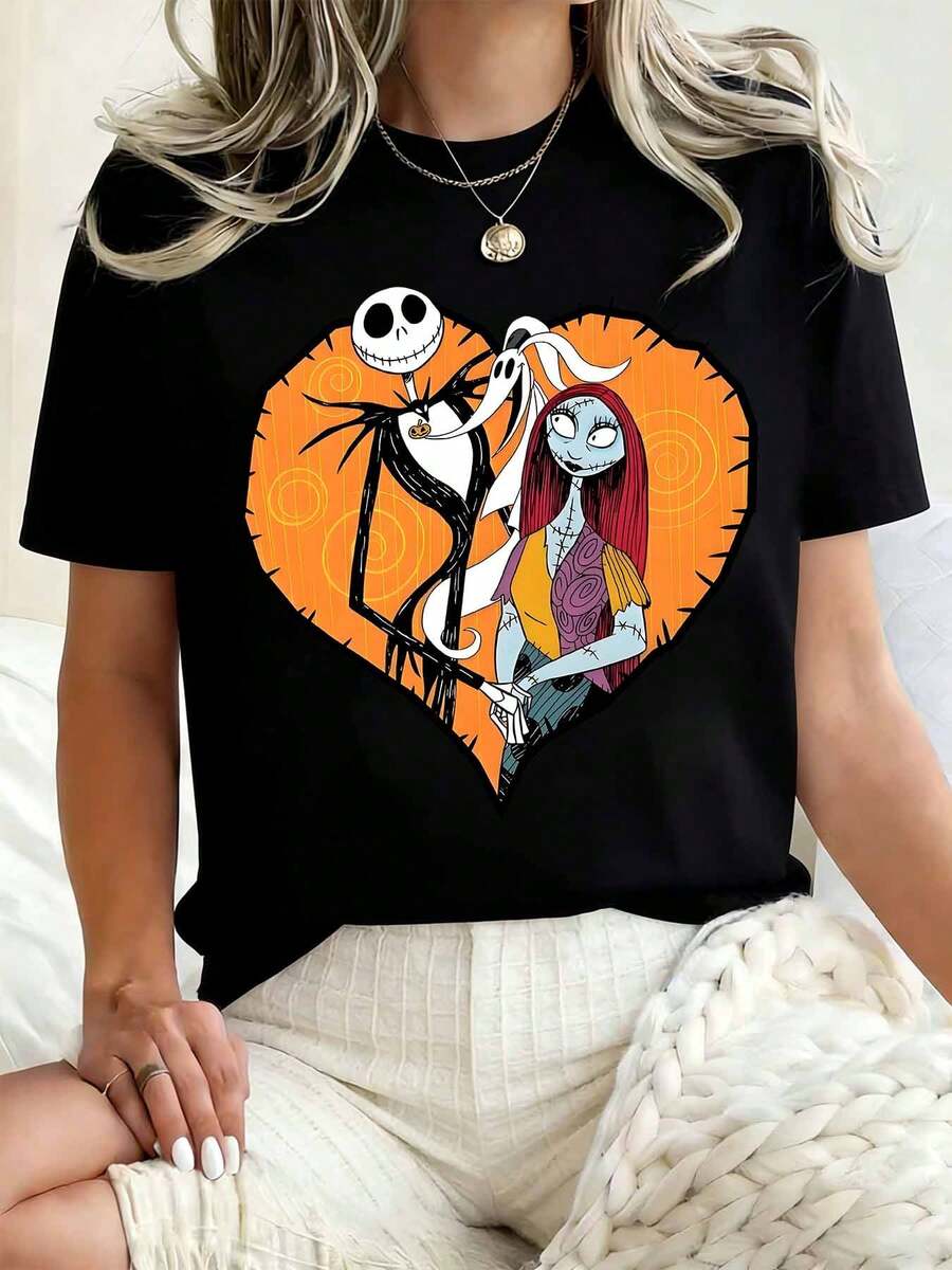 Disney Women Round Neck T Shirt Jack Skellington And Sally Heart Print Halloween Costume Party 220g - 黑色 - 查看 1
