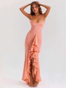 Elegant Women's Spaghetti Strap Backless Ruffle Hem Knit Asymmetric Cocktail Party Maxi Dress - Pink - View 3