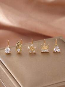 5件套L型鼻钉套装，皇冠、雪花、叶子形状穿孔饰品 - 金色11 - 查看 3