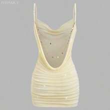 MewMuse.  Elegante vestido mini ajustado de tirantes finos para mujer con diseño fruncido que estiliza la cintura, escote pronunciado y espalda descubierta con decoración de cadena, en color verde, para fiestas, vacaciones, cenas, festivales de música y San Valentín, en estilo chic francés, sexy y vanguardista, para primavera/verano/otoño - Albaricoque - Ver 1