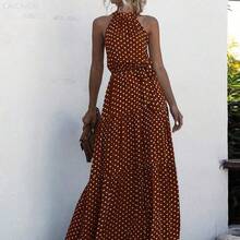 yonghongmaoyi1  Vestido largo con estampado de lunares, volantes en el bajo y cinturón para mujer - Verde - Ver 5