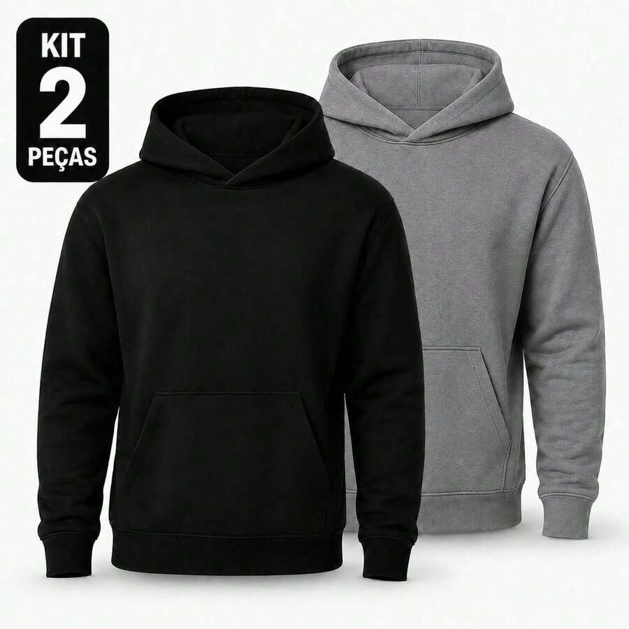 Set Of 2 Plain Kangaroo Jackets, Unisex, Comfortable Basic Winter Warmth - Black + Gray - View 1