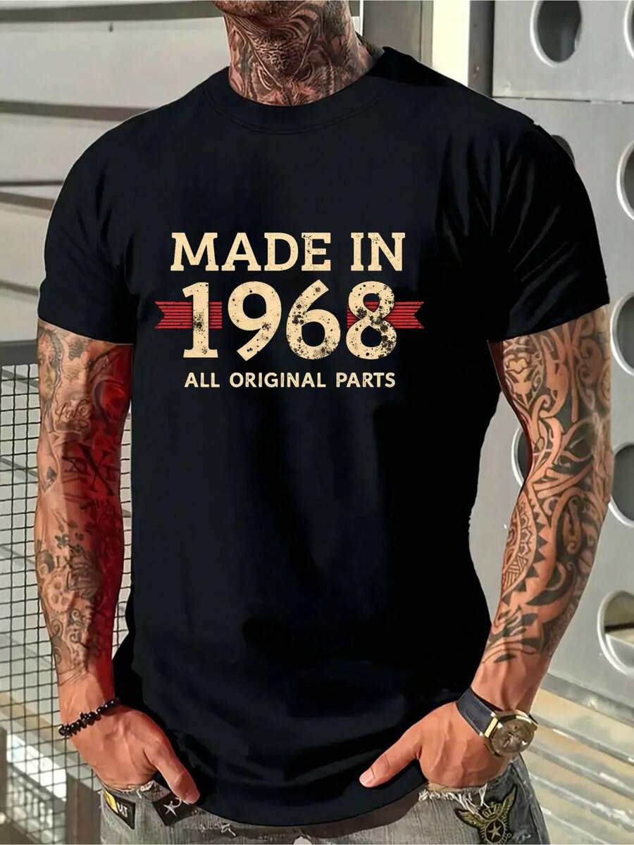 Camiseta para hombre de 180g de 100% algodón con estampado vintage dorado "1968", cuello redondo transpirable y cómodo, diseño retro de streetwear americano moderno, camiseta casual de verano con gráfico numérico artístico para atuendos diarios contemporáneos y looks de moda urbana - Negro - Ver 1