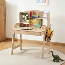 Children's Table, Height-Adjustable Wooden Desk For Children, Natural Color, With Drawers, Storage Space And Hooks For Children Over 6 Years Old - Wood Color - View 1