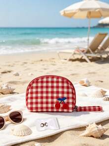 Red Plaid Cherry Embroidery Makeup Bag, Shell-Shaped Portable Toiletry Bag With Wrist Strap, Cute Summer Beauty Makeup Pouch, Suitable For Beach Travel - Multicolor - View 4