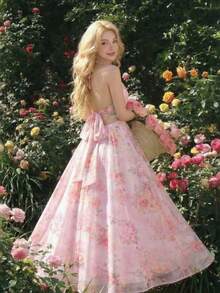 Halter Dress, V-Neck, Printed, Open Back, New - Pink - View 2