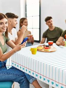 Blau gestreifte rechteckige Tischdecke, modernes Linien- und Punktmuster, dekorative Tischabdeckung und Oberflächenschutz für Küche, Esszimmer, Cafés, Restaurants, Picknick, Party, Bankett, Feiertagsveranstaltungen, Familienessen und tägliche Verwendung zu Hause - mehrfarbig - Übersicht 6
