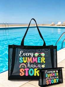 Every Summer Has A Story 黑色防沙透氣網眼海灘托特包套組，2件組，趣味夏季印花時尚單肩包，女款泳池包，適用於海灘度假、郵輪、旅行、泳池、健身房、游泳、購物及日常使用 - 彩色 - 查看 3