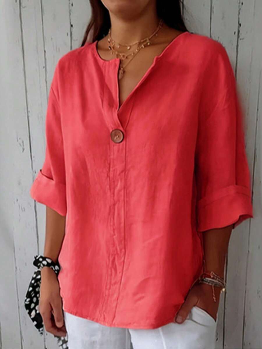 Blusa de tejido con cuello en pico y detalles de botones, corte relajado para primavera - Blanco - Ver 1