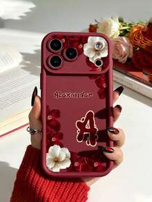 1pc Customized Letter Text, Hibiscus And White Flower Pattern TPU Thickened Shockproof Protective Phone Case Compatible With Apple 17ProMax/16 Pro Max/15Pro/14 Plus/13 Pro/12 Pro Max/11/XsMax/8/7 Phone Accessories Protective Case - Burgundy - View 6