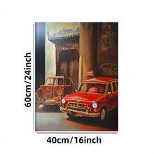 Enmarcado Lienzo plano 2D, 1 pieza,  en lienzo enmarcado - Pintura de autos rojos vintage y arquitectura asiática, póster vertical clásico moderno para sala de estar, oficina, decoración de cocina, uso interior/exterior, regalo perfecto para Navidad, Acción de Gracias, Año Nuevo, obra de arte decorativa, decoración artística, obra de arte vibrante - Enmarcado - Ver 5