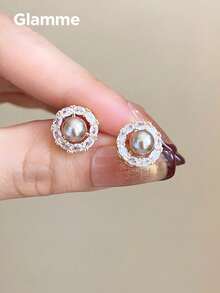 1 par de pendientes de botón de perla y circonita color oro champán para mujer, pendientes de lujo para ir al trabajo, sencillos y versátiles, para uso diario y fiestas de noche - Café - Ver 3