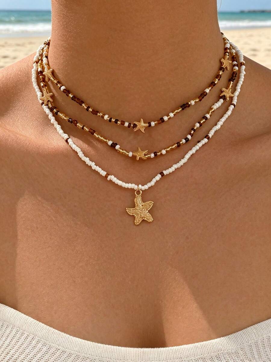 Set Kalung Berlapis-lapis Gaya Bohemian Ocean 3pcs/Set, Kalung Choker Liontin Bintang Laut Manik-manik Desain Unik, Cocok untuk Pemakaian Sehari-hari, Foto Liburan, dan Kencan, Ukuran, Jumlah, dan Susunan Warna Manik-manik Acak dan Tidak Tetap - beraneka warna - View 1