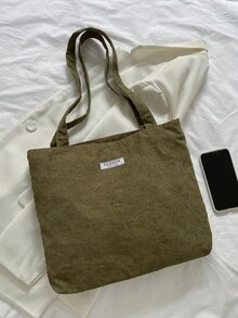 Corduroy Solid Color Shoulder Tote Bag - Green - View 8