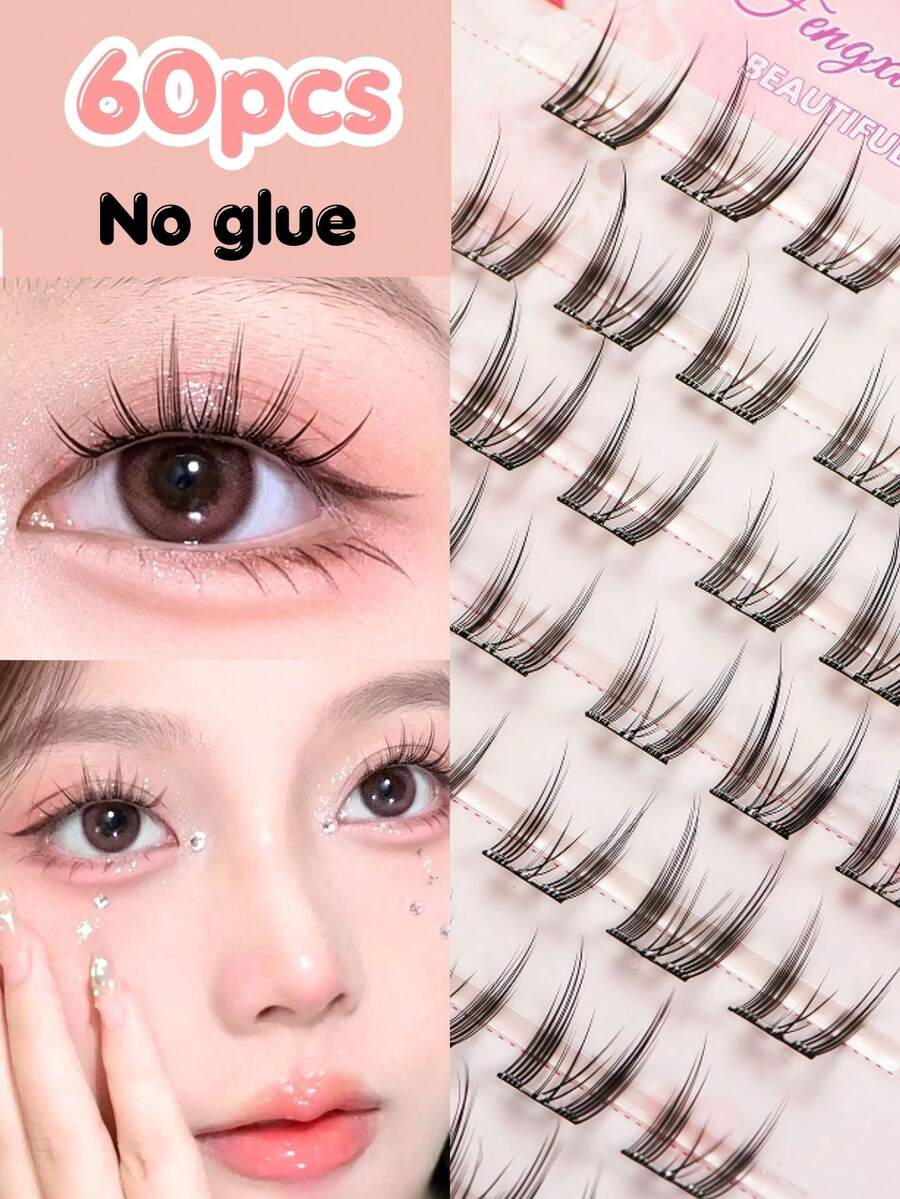Glue-Free Cat Eye False Eyelashes, 60 Clusters, Japanese And Korean Style, Cat Eye Makeup, D Curl, 7-14mm Mixed Length, DIY Time-Saving Makeup, Suitable For Beginners, Reusable, Perfect For Commuting, Selfies, Travel, Gatherings, Holidays, Parties, Gift For Best Friend, Girlfriend