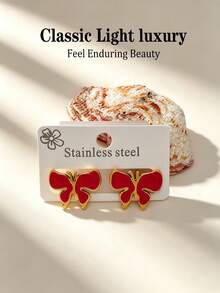 1 Pair Of Elegant Stainless Steel Gold-Plated Butterfly Shaped Earrings, Low Allergy, Wear-Resistant And Thickened Design, Anti Fading, Minimalist Classic Design, Suitable For Daily, Vacation, And Party Jewelry Wearing. The Perfect Holiday Gift - Multicolor - View 3