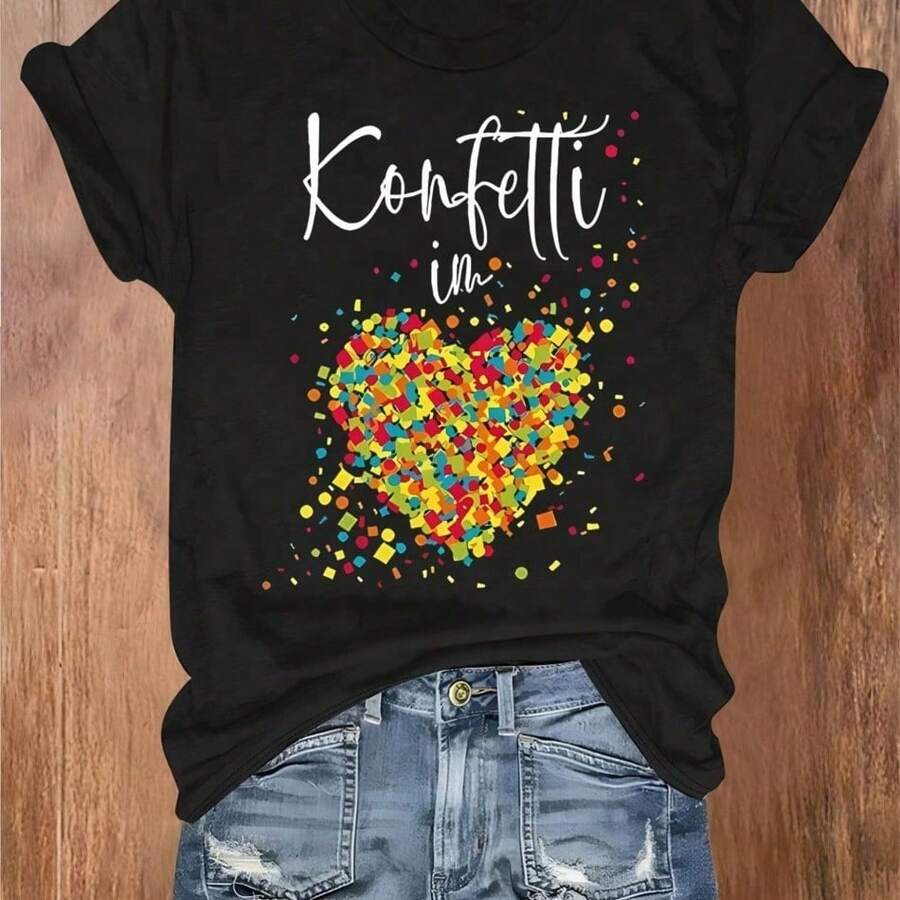 2026 Women's Quality Casual Cotton T-Shirt, Women's T-Shirts With Cartoon And Wine Print, Fun And Fashionable Clothes For Spring Summer, Elegant Women's T-Shirt, Printed T-Shirt For Girls, Unisex Basic T-Shirt - 黑色 14 - 查看 1
