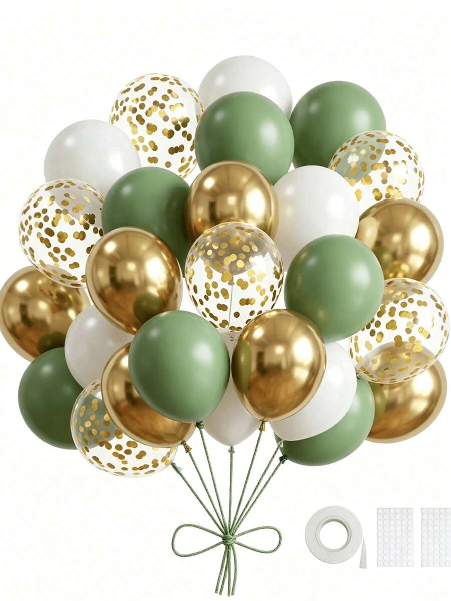 29PCS Green Gold Birthday Decoration, Metal Confetti Balloons Party Set Round Helium Balloon, Romantic Luxury, Retirement Party Wedding Birthday Graduation Celebration Home Decoration Birthday And Themed Party Supplies - Green Gold - 查看 1