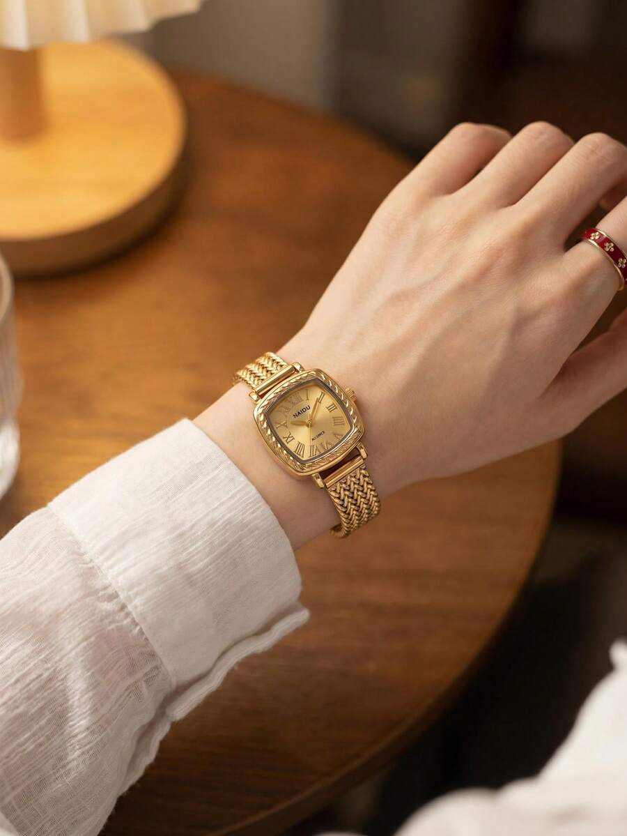 1件女款小方臉不鏽鋼錶帶藝術時尚復古石英手錶,適合日常佩戴 - 金色 - 查看 1