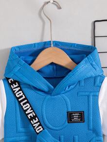 Boys' Casual Fashionable Colorblock Hooded Short Sleeve Top And Shorts 2 Pieces Set With Hanging Bag, Spring/Summer - Blue - View 3