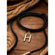 Leatherette Necklace With Personalized Letter, Gold Plated (N, Brown) - H - View 2