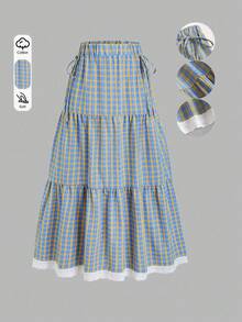 2026 Nuevo Falda elegante de dama fresca con diseño de cuadros franceses, estilo universitario vintage, dobladillo con patchwork, encaje dulce, decoración de lazo para primavera/otoño - Multicolor 2 - Ver 1
