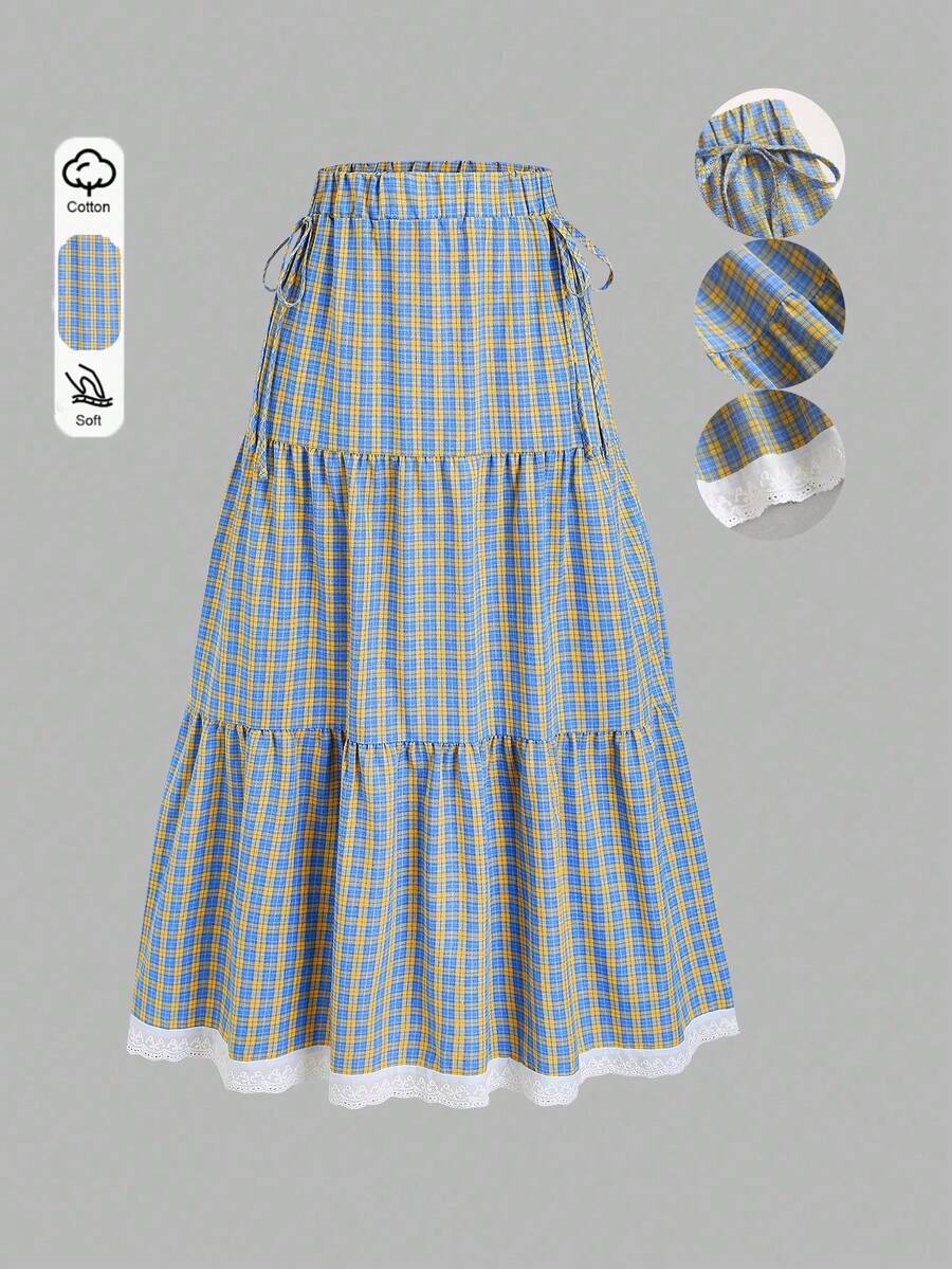 2026 Nuevo Falda elegante de dama fresca con diseño de cuadros franceses, estilo universitario vintage, dobladillo con patchwork, encaje dulce, decoración de lazo para primavera/otoño - Multicolor 2 - Ver 1