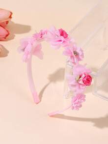 1pc Pink, Yellow, Purple Tulle Flower Headband With Chiffon Flowers, Gradient Roses And Rhinestone Decor, Cute Fashion Hair Accessory For Girls, Birthday, Party & Daily Wear - Multicolor - View 3