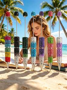 1/20pcs Multicolor Sparkling Rhinestone Ballpoint Pen - DIY Beadable, Twistable, Comfortable Grip Tip - Colorful Gem Craft Kit For Creative Jewelry Making - Multicolor - View 2