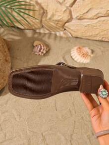 Retro Brown Mary Jane Mule Shoes, Square Toe Low Heel Slip-On Comfortable Heeled Sandals For Work, Daily Commute And Casual Wear - Brown - View 8