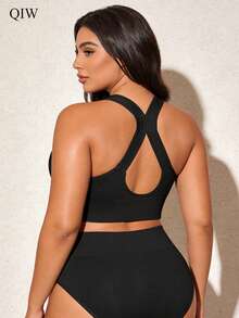 1pc Plus Size Women's Front Zip Bra, Light Sports Casual Criss-Cross Back Design Lingerie - Black - View 3