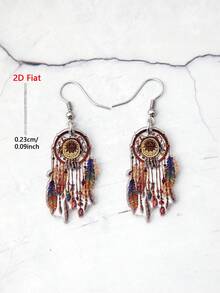 1 Pair 2D Flat Vintage Bohemian Feather Dreamcatcher Pattern Acrylic Pendant Earrings, Retro Minimalist Style Women's Jewelry Suitable For Daily Wear And Vacation - Brown - View 6