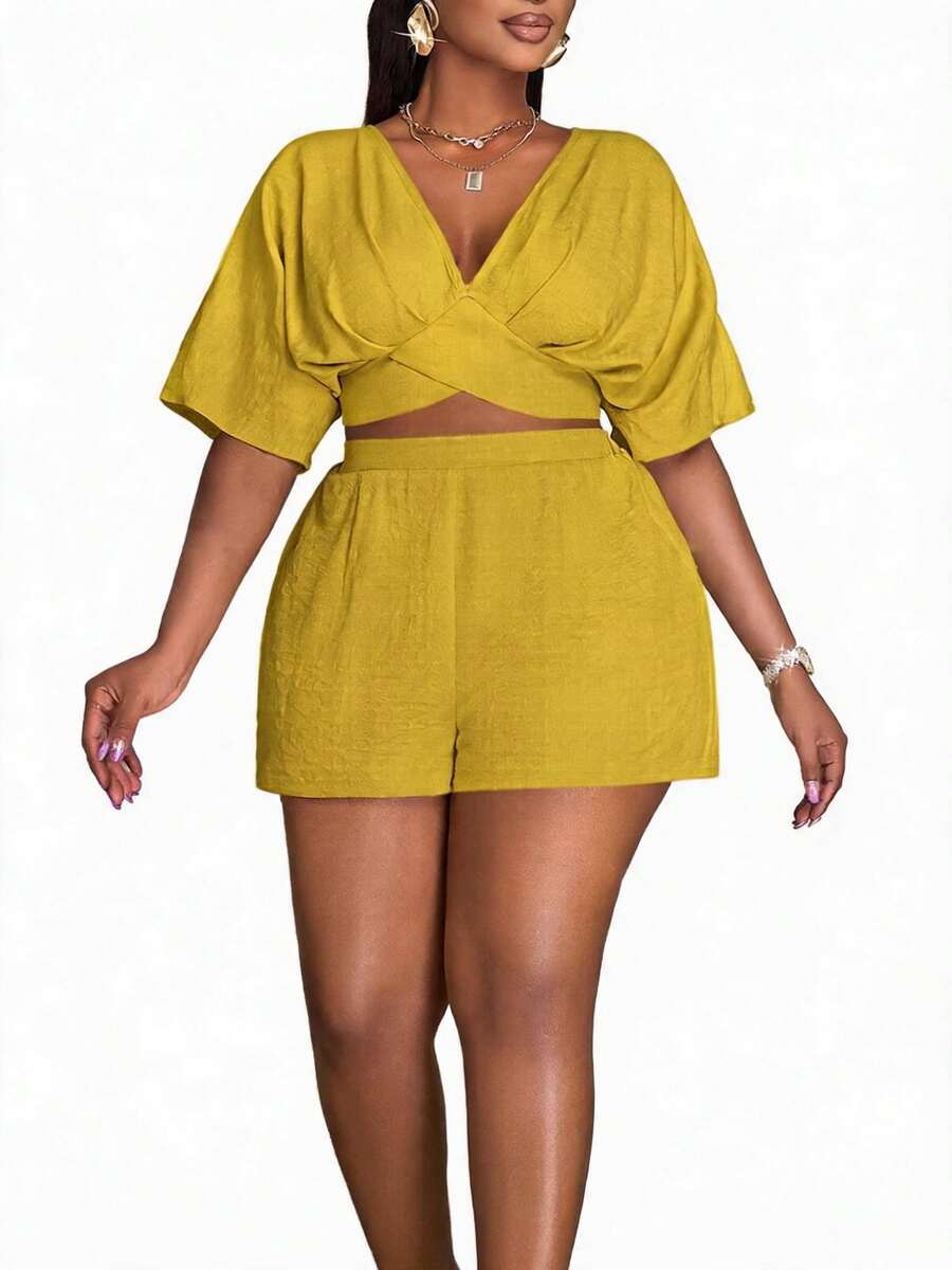Blazique Plus Size Women V-Neck Ruched Asymmetric Hem Short Sleeve Top And Cropped Fashionable Date Outfit Set Elegant Summer - Ginger - View 1