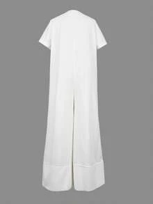 Women's Plus Size Casual White Jumpsuit, V-Neck Short Sleeve Button Front Linen Blend Wide Leg Long Romper With Pockets - White - View 8